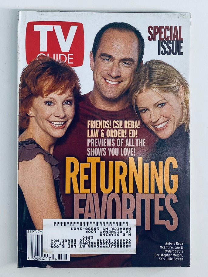 Cover of TV Guide Magazine September 7, 2002 featuring Julie Bowen, Reba McEntire, and Chris O'Donnell, highlighting popular TV shows and celebrities of the early 2000s.
