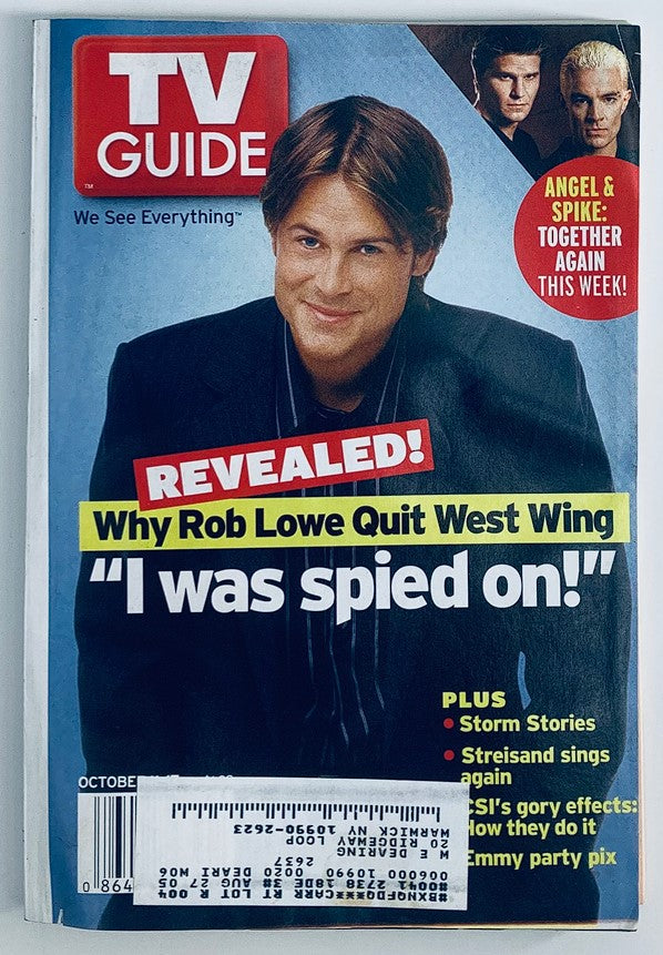 TV Guide Magazine cover from October 11, 2003, featuring Rob Lowe and David Boreanaz, highlighting the reveal of why Rob Lowe quit 'West Wing' and discussing 'Angel' and 'Spike'.