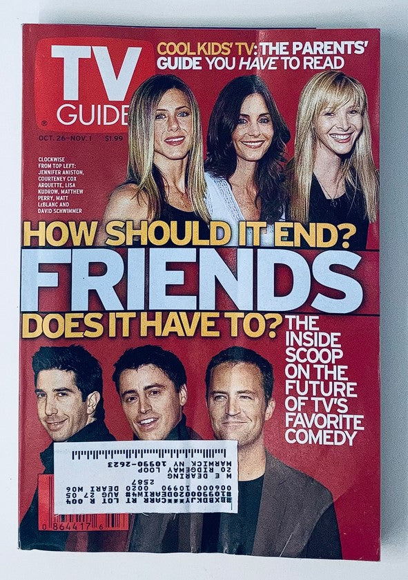 Cover of TV Guide Magazine dated October 26, 2002, featuring the headline 'How Should It End? Friends Does It Have To?' alongside photos of Jennifer Aniston, Courteney Cox, and other cast members, highlighting the popularity of the TV show 'Friends'.