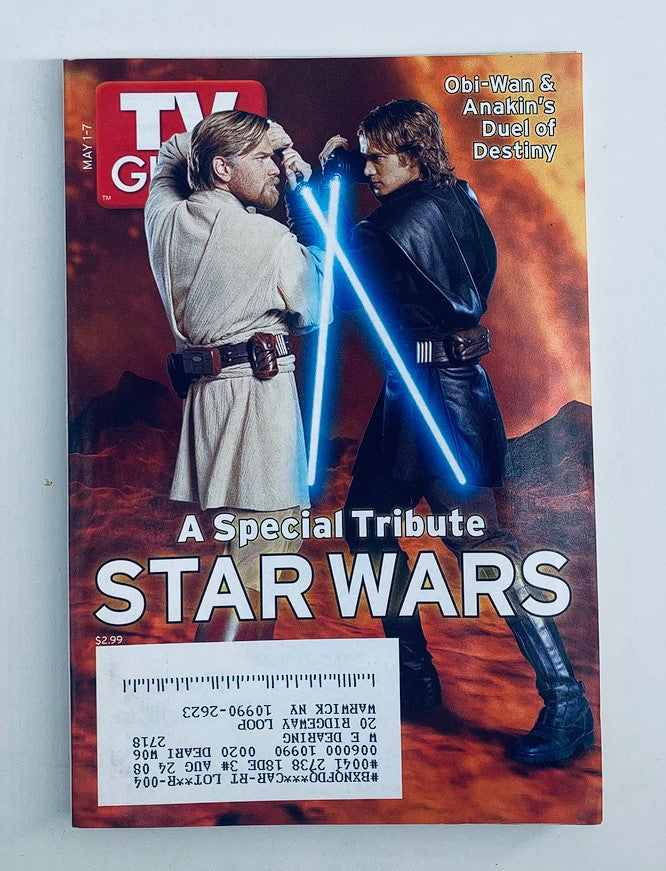 TV Guide Magazine May 1 2005 featuring a special tribute to Star Wars, showcasing iconic characters Obi-Wan Kenobi and Anakin Skywalker with lightsabers against a dramatic background.