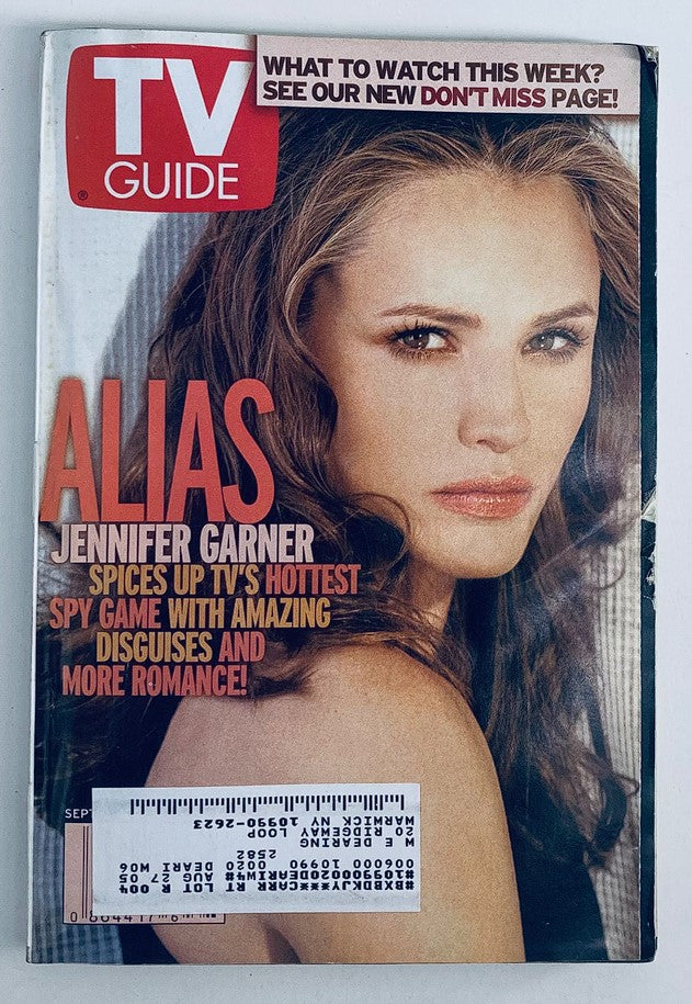 Cover of TV Guide Magazine, September 21, 2002, featuring Jennifer Garner as Alias, showcasing her role as a spy in a captivating pose.