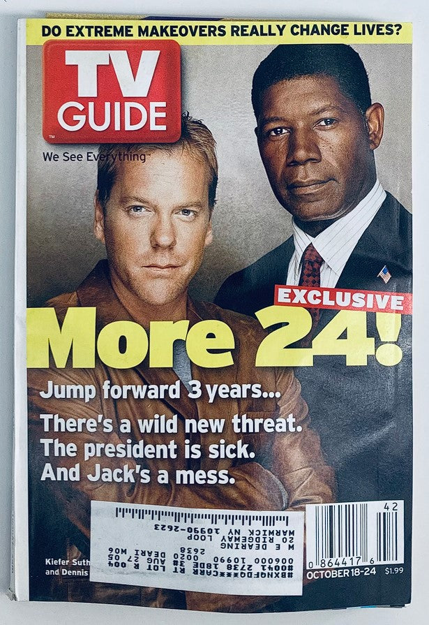 TV Guide Magazine October 18 2003 featuring Dennis Haysbert and Kiefer Sutherland on the cover. The cover highlights the title 'More 24!' with a dramatic tagline about upcoming threats, reflecting the era's popular television themes.