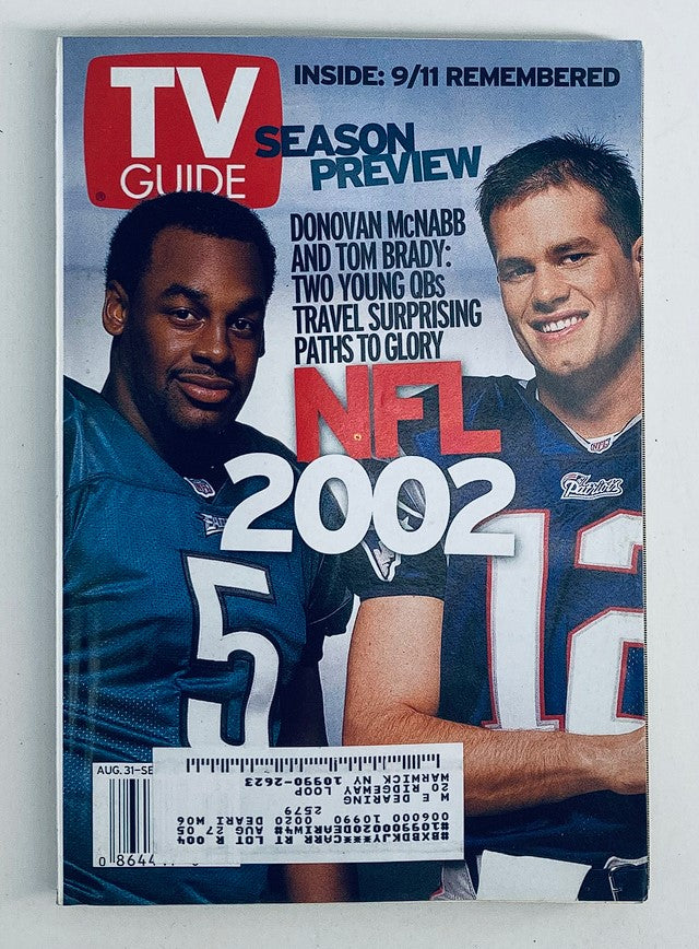 TV Guide Magazine cover from August 31, 2002 featuring Tom Brady and Donovan McNabb, highlighting NFL season preview and their journeys in football.