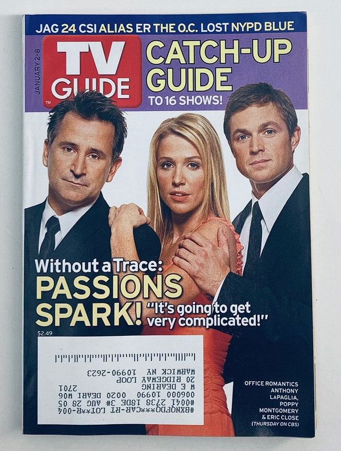 TV Guide Magazine cover from January 2, 2005 featuring Eric Close and Poppy Montgomery with a promotional highlight for the show 'Without a Trace'. The cover includes a description of key television shows and celebrity insights, reflecting the vibrant TV scene of the early 2000s.