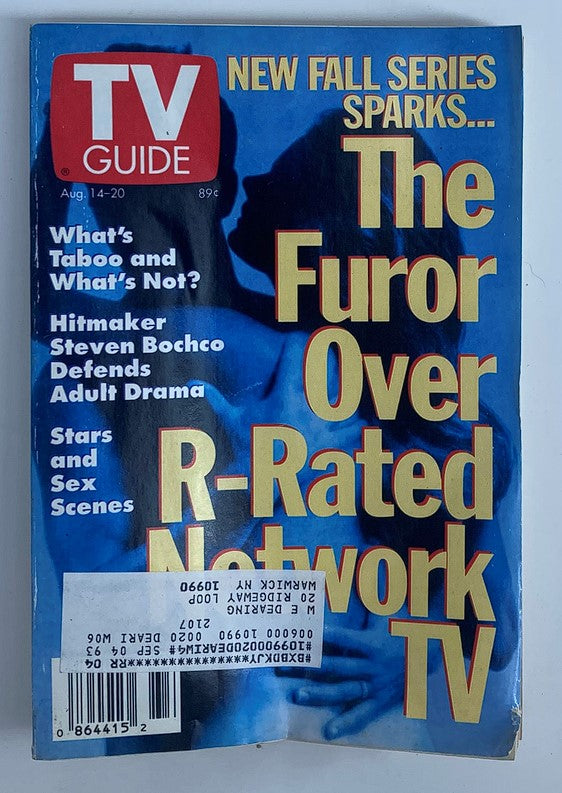 Cover of TV Guide Magazine August 14 1993 featuring the title 'The Furor Over R-Rated Network TV'. The cover highlights debates on adult drama and content standards in television, with bold text and visual elements that reflect a pivotal moment in media history.