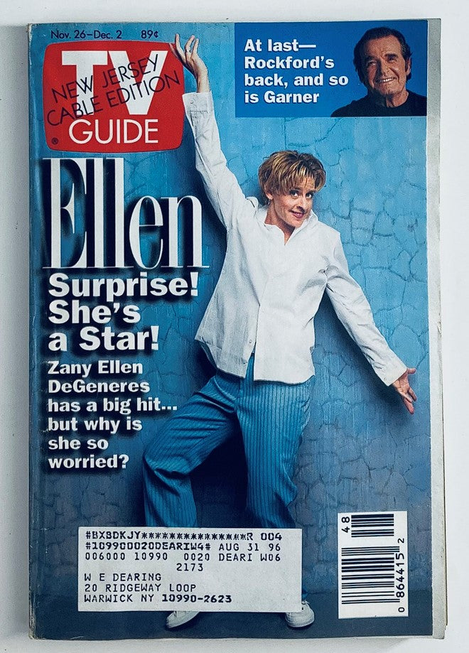 TV Guide Magazine cover from November 26, 1994, featuring Ellen DeGeneres with the headline 'Surprise! She’s a Star!' showcasing her rising fame, alongside James Garner. This edition reflects the 90s television culture.