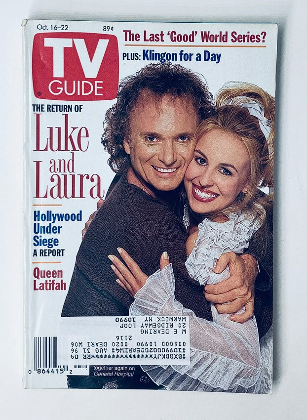 TV Guide Magazine cover from October 16, 1993 featuring Genie Francis and Anthony Geary, celebrated stars from the soap opera General Hospital. The cover highlights their iconic return as Luke and Laura.