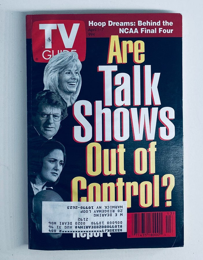 TV Guide Magazine cover from April 1, 1995 featuring the question 'Are Talk Shows Out of Control?' with images of notable figures including Jenny Jones and Jerry Springer.