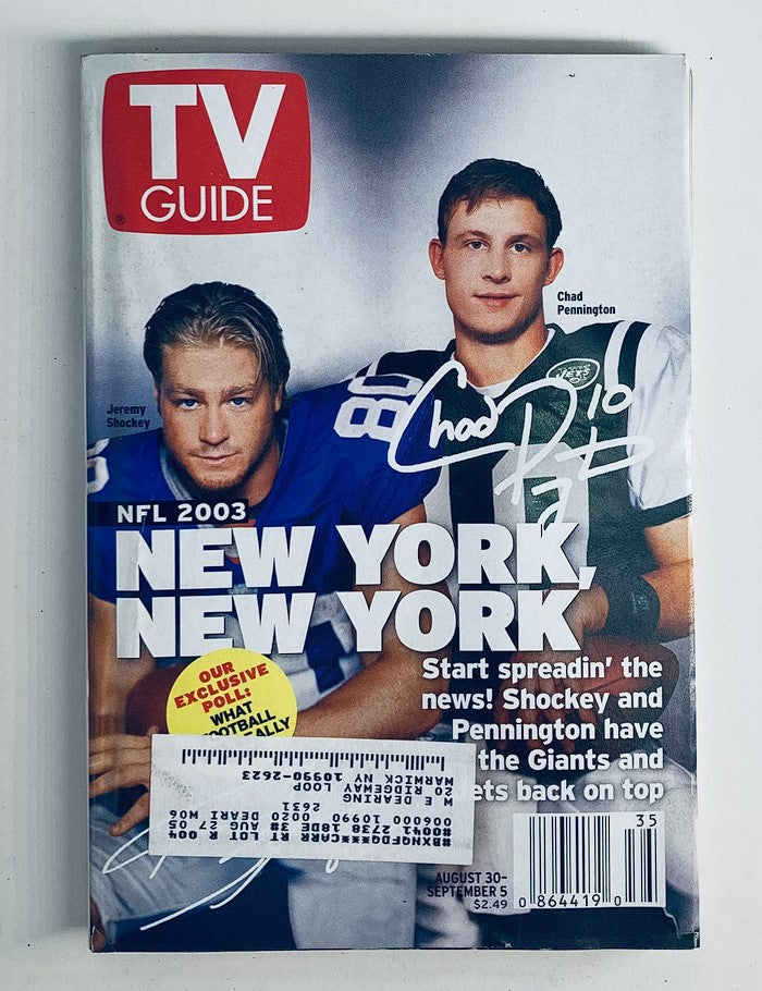 TV Guide Magazine August 30 2003 featuring NFL stars Chad Pennington and Jeremy Shockey, capturing a pivotal moment in sports media, with a vintage cover showcasing their iconic presence.