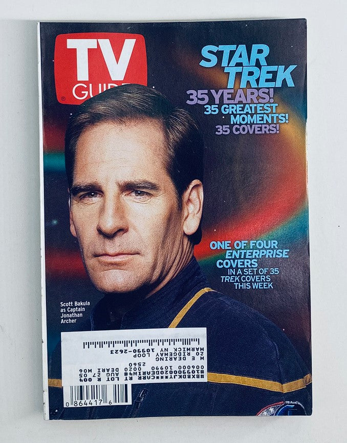 TV Guide Magazine April 20 2002 featuring Scott Bakula as Captain Archer, celebrating 35 years of Star Trek with striking cover art. A must-have for collectors and Star Trek fans.