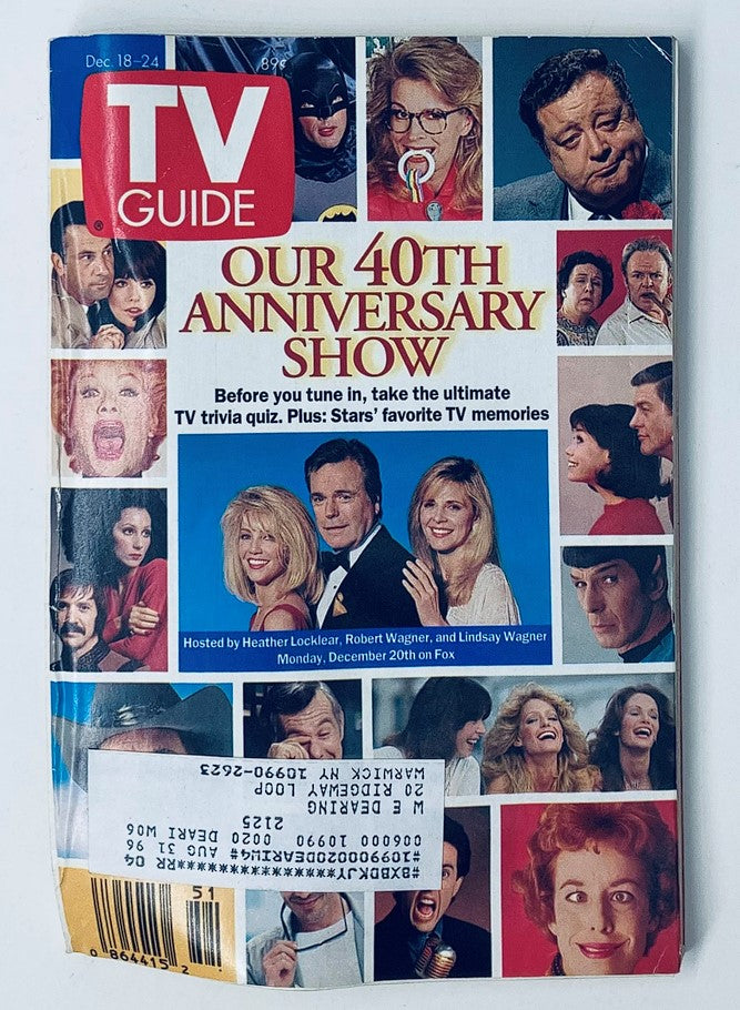 TV Guide Magazine December 18 1993 cover featuring a collage of iconic television moments and characters, celebrating its 40th Anniversary. The magazine includes hosts Heather Locklear, Robert Wagner, and Lindsay Wagner, along with famous TV stars and memorable scenes, perfect for collectors of vintage magazines.