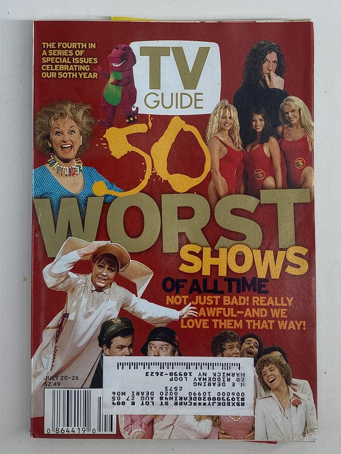 TV Guide Magazine July 20 2002 cover featuring Pamela Anderson and John Banner, showcasing a colorful design and themed issue on the 50 Worst Shows of All Time.