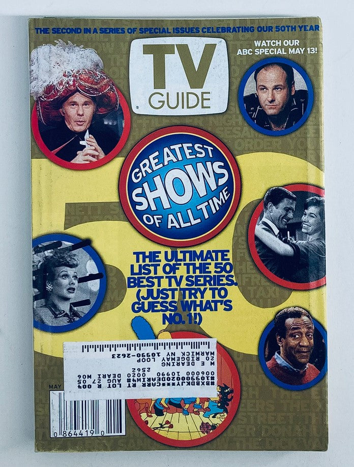 Back cover of TV Guide Magazine dated May 4, 2002, featuring a graphic design highlighting the greatest shows of all time, including a unique list of the 50 best TV series. The issue includes Lucille Ball and Johnny Carson on the front cover.