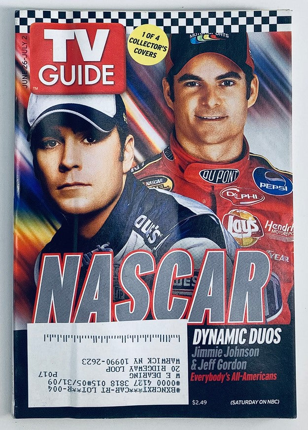 TV Guide Magazine June 26 2005 featuring NASCAR stars Jimmie Johnson and Jeff Gordon on the cover, highlighting their dynamic duos in racing.