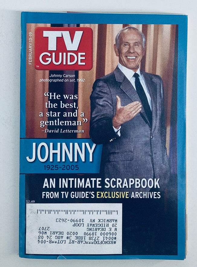 TV Guide Magazine February 13 2005 featuring a tribute to Johnny Carson, showcasing his iconic smile and celebrating his legacy in entertainment from 1925-2005.