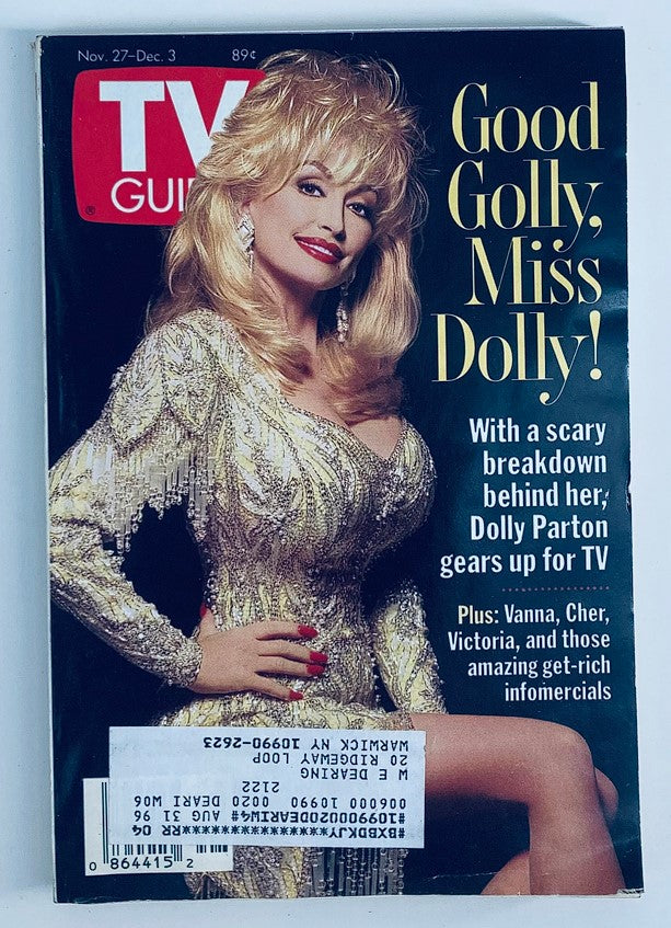 TV Guide Magazine cover from November 27, 1993 featuring Dolly Parton with the headline 'Good Golly, Miss Dolly!' showcasing her glamorous look and vintage style, a collectible piece for classic television fans.