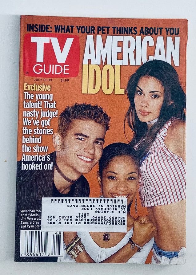 TV Guide Magazine July 13 2002 featuring Tamyra Gray, Jim Verraros, and Ryan Starr on the cover, showcasing notable personalities from American Idol and reflecting early 2000s pop culture.
