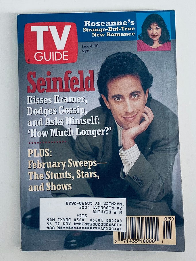 Cover of TV Guide Magazine February 4, 1995 featuring Jerry Seinfeld, highlighting his character's comedic endeavors and a feature on Roseanne Barr's romance. The magazine covers significant television trends and classic sitcom culture from the 90s.