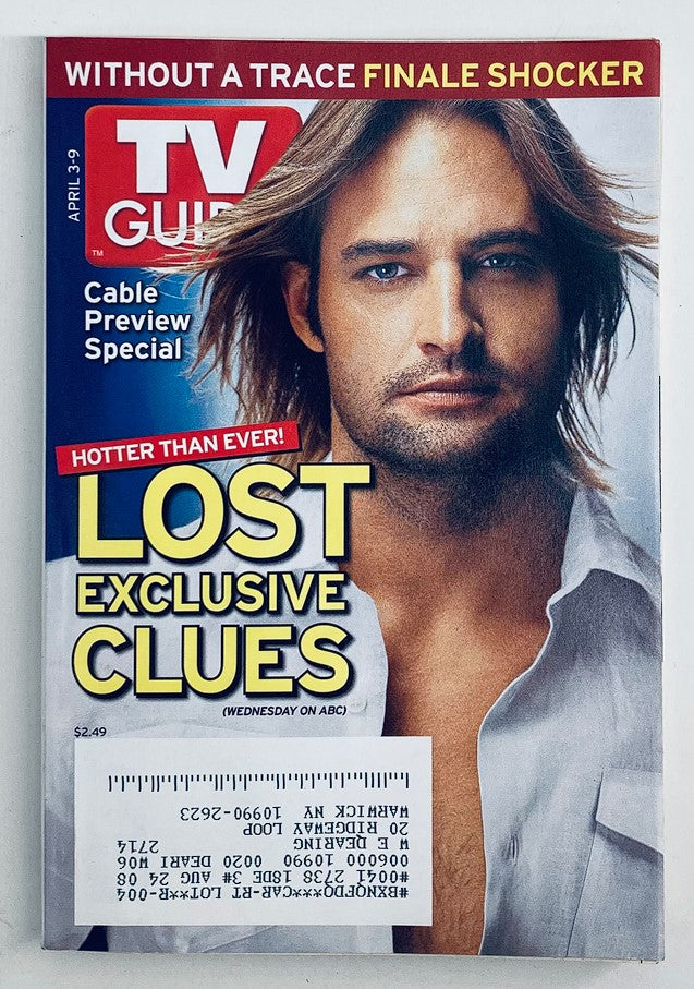 TV Guide Magazine April 3 2005 featuring Josh Holloway on the cover, promoting exclusive clues about the TV show Lost, showcasing a dramatic image of the actor.