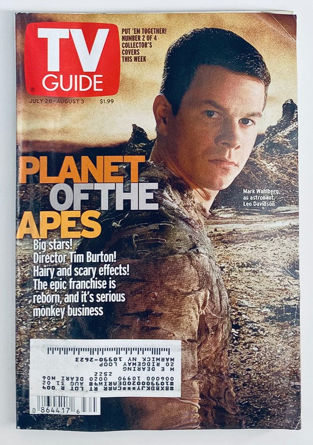 Cover of TV Guide Magazine from July 28, 2001, featuring Mark Wahlberg for the film Planet of the Apes. Highlights include promotional details about the movie and a focus on director Tim Burton's work.