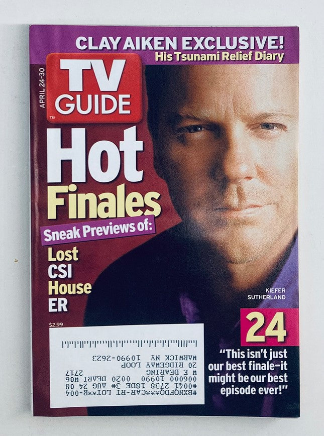 TV Guide Magazine cover from April 24, 2005, featuring Kiefer Sutherland, highlighting the 24 series finale and sneak previews of popular shows like Lost, CSI, and House. Captivating design showcasing the essence of mid-2000s television culture.