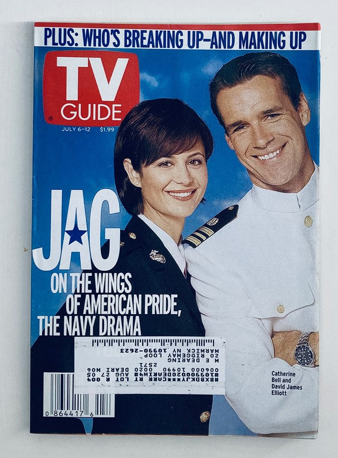 TV Guide Magazine from July 6, 2002 featuring Catherine Bell and David James Elliott on the cover, themed around the TV show JAG, showcasing iconic moments of television history.
