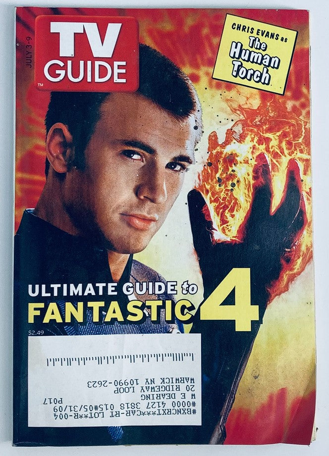 Cover of TV Guide Magazine dated July 3, 2005, featuring Chris Evans as the Human Torch from Fantastic Four, showcasing vibrant colors and iconic superhero imagery.