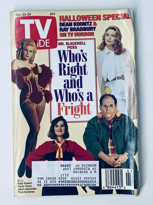 Cover of TV Guide Magazine from October 23, 1993 featuring Jason Alexander and Faye Dunaway. The cover also highlights a Halloween special and quirky illustrations, marking important moments in 90s television history.
