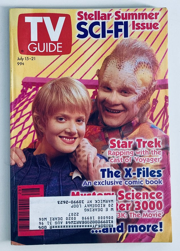 Cover of TV Guide Magazine July 15-21, 1995 featuring a Stellar Summer Sci-Fi Issue, with characters from Star Trek and Mystery Science Theater 3000, highlighting pop culture and television history.