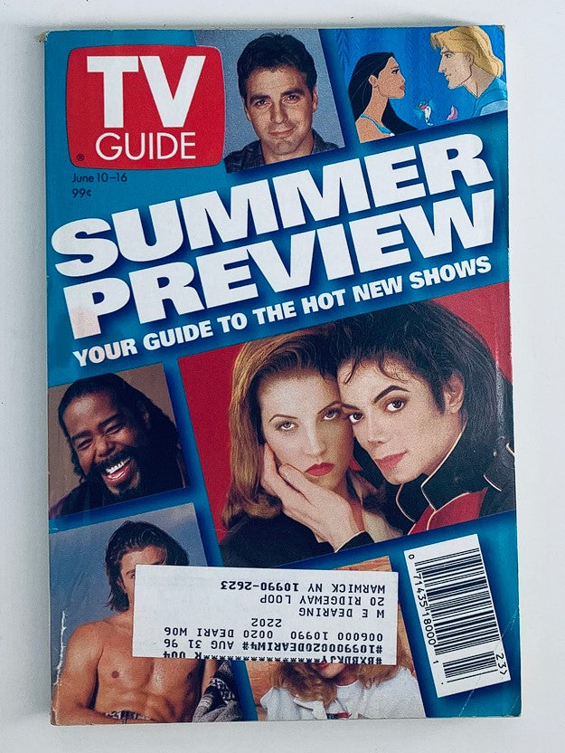 Cover of TV Guide Magazine from June 10, 1995, featuring Michael Jackson and Lisa Marie Presley, along with other celebrities. This vintage magazine showcases 'Summer Preview' highlights and offers insights into popular shows of the mid-90s.