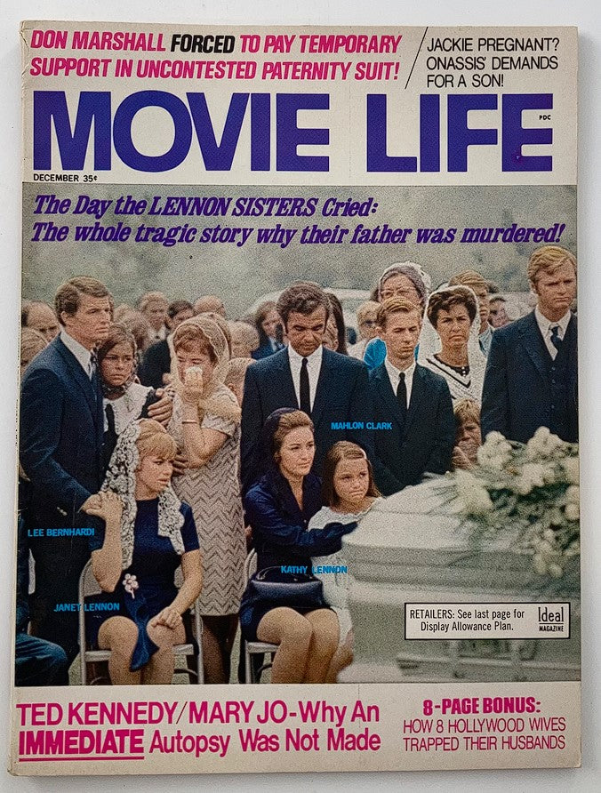 Cover of VTG Movie Life Magazine from December 1969 featuring the Lennon Sisters, Kathy and Janet Lennon, along with a group at a somber event. The cover includes headlines about entertainment and celebrity stories, capturing the essence of classic cinema.