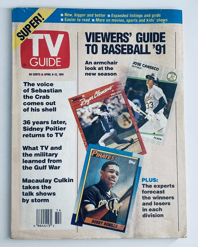 Cover of TV Guide Magazine from April 6, 1991, featuring Jose Canseco and Bobby Bonilla, showcasing baseball insights and pop culture highlights of the early '90s. The issue includes articles about sports and entertainment, making it a collectible piece of history.