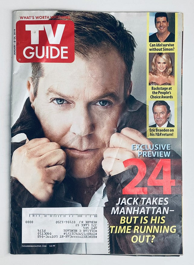 Cover of TV Guide Magazine January 18, 2010, Vol. 58 #3, Issue #2974 featuring Kiefer Sutherland promoting the TV show 24, with a tagline about his character's intense storyline.