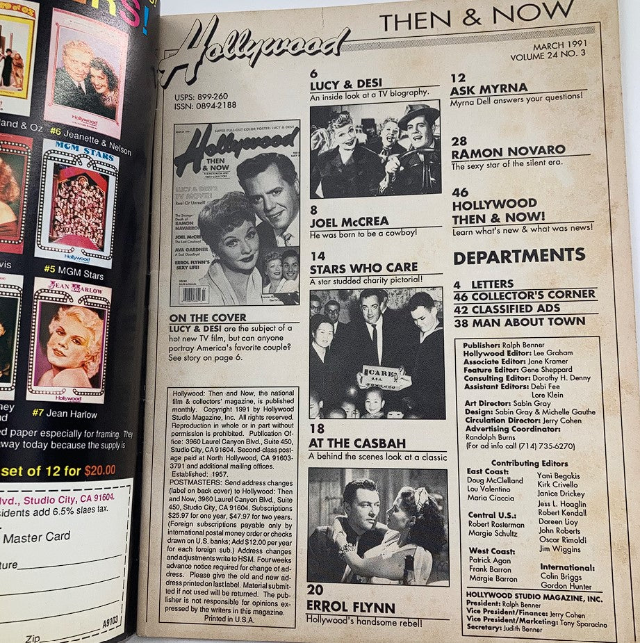 Interior page of Hollywood Magazine Then & Now, March 1991, showcasing contents and features including a focus on Lucille Ball and Desi Arnaz.