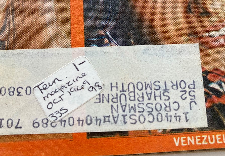 Close-up of the unique sticker on the vintage 'Teen Magazine October 1969, Vol 13 #10, indicating its publication details and condition, perfect for collectors.