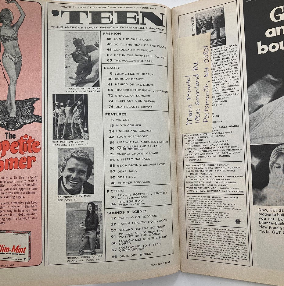 Interior page of VTG 'Teen Magazine June 1969 with a table of contents and articles including fashion and beauty features, reflecting the teenage lifestyle and trends of the 1960s.