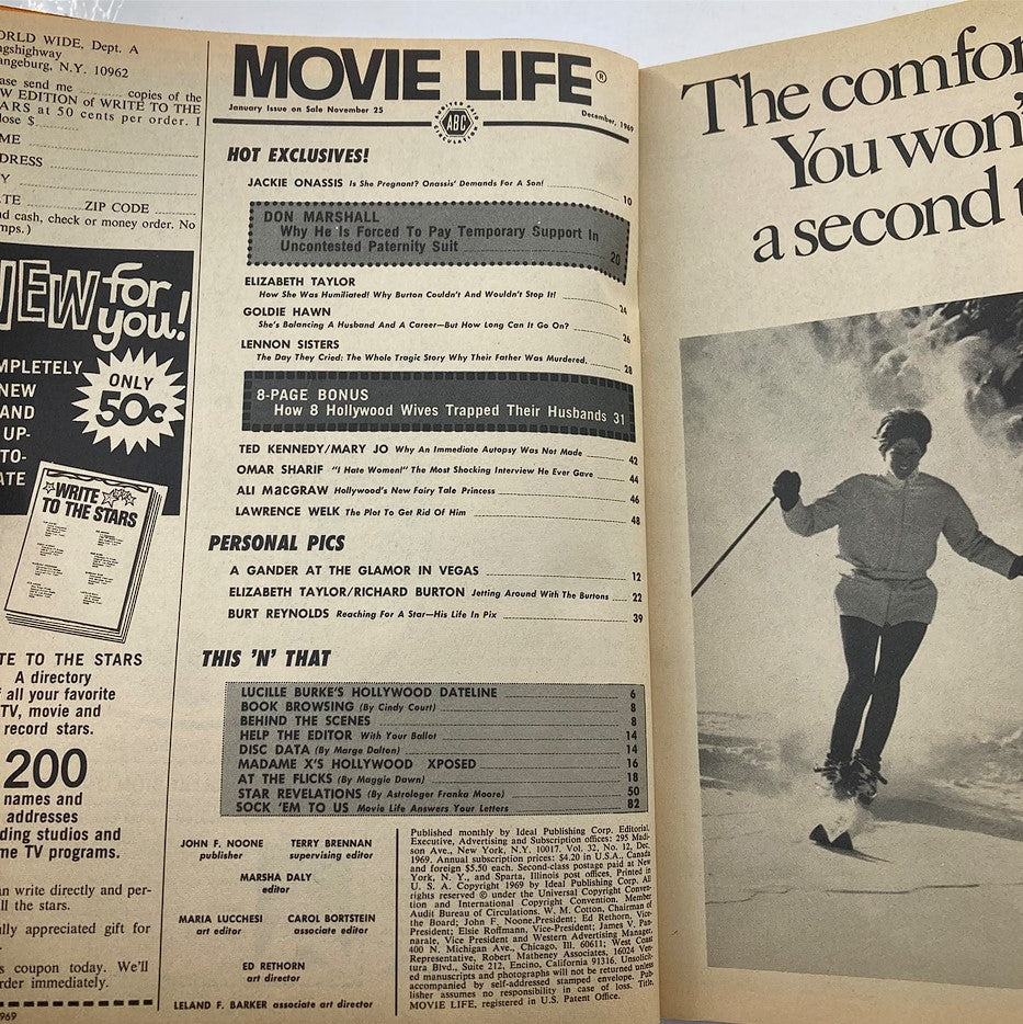 Interior view of VTG Movie Life Magazine, December 1969, showcasing articles and features including a ski image and highlights from the magazine's contents.