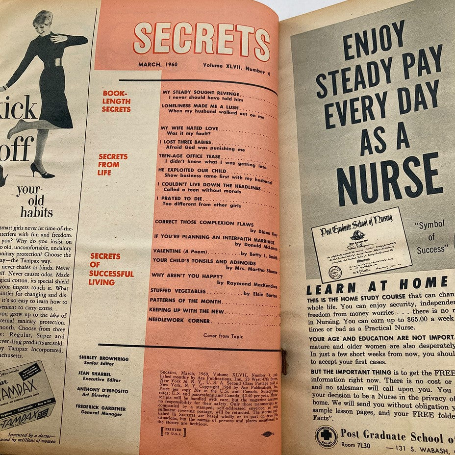 Inside pages of VTG Secrets Magazine March 1960 displaying the table of contents and articles including 'My Steady Sought Revenge'.