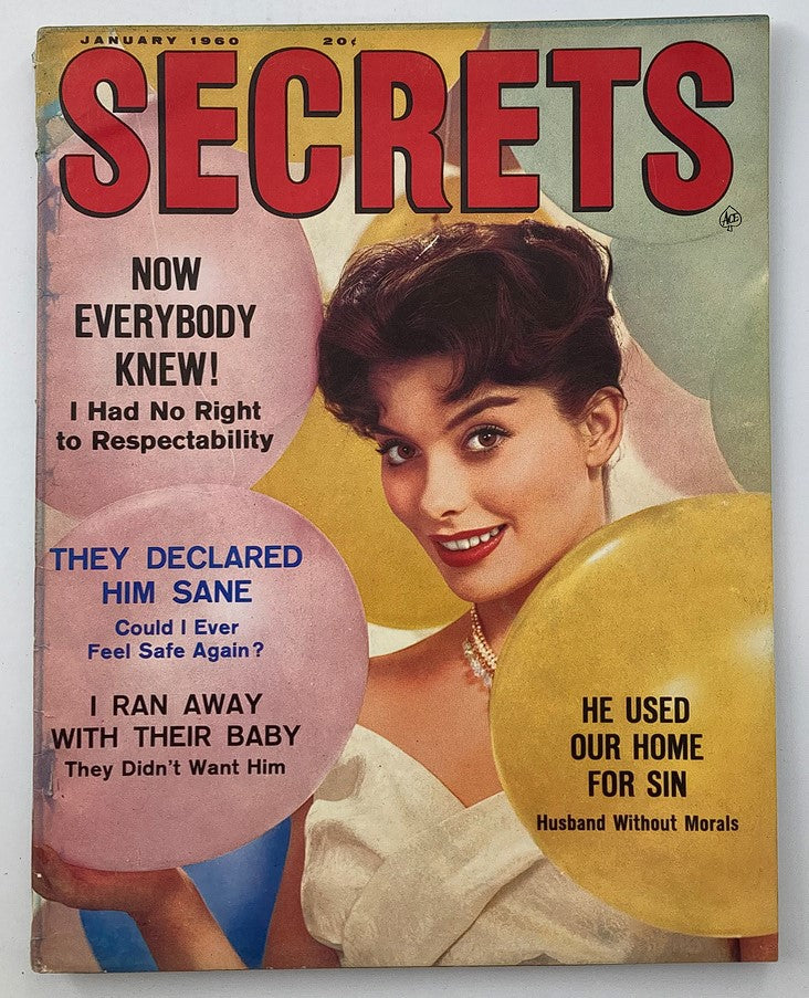 Cover of Secrets Magazine January 1960, Volume 47 Number 2, featuring the headline 'Now Everybody Knew!' with a vintage aesthetic and a smiling woman holding colorful balloons.
