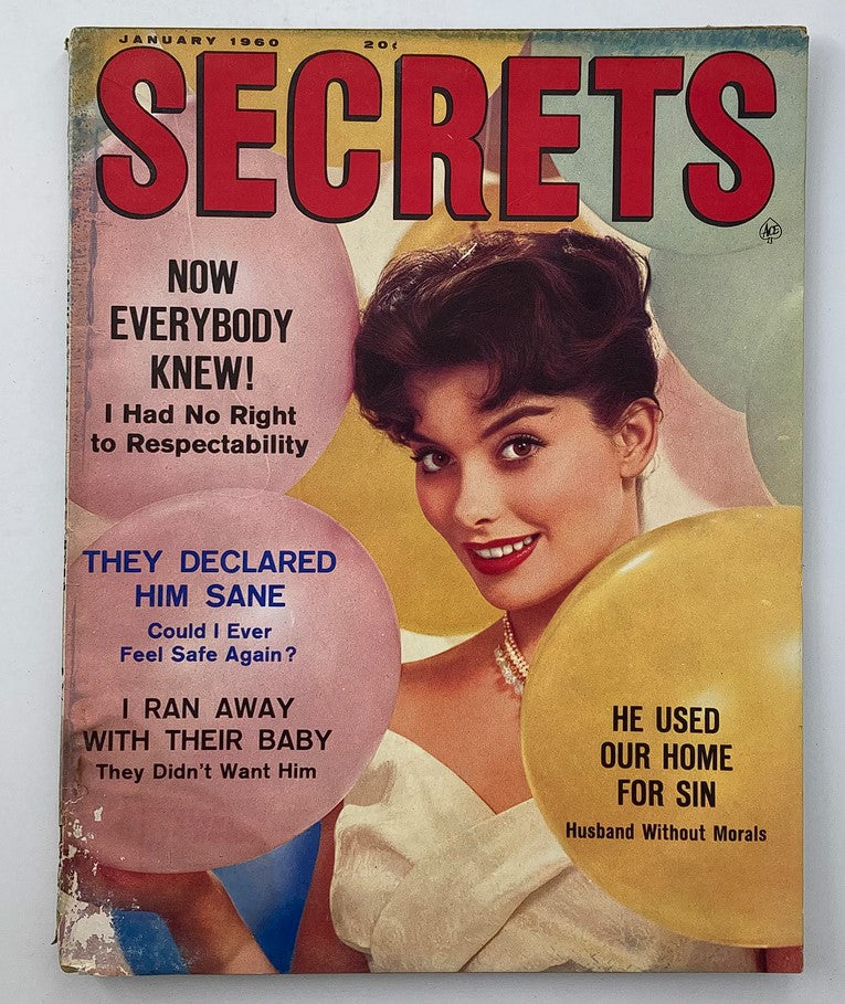Cover of VTG Secrets Magazine January 1960 Vol 47 #2 featuring the title "They Declared Him Sane" with a smiling woman holding balloons, showcasing vintage style and design.