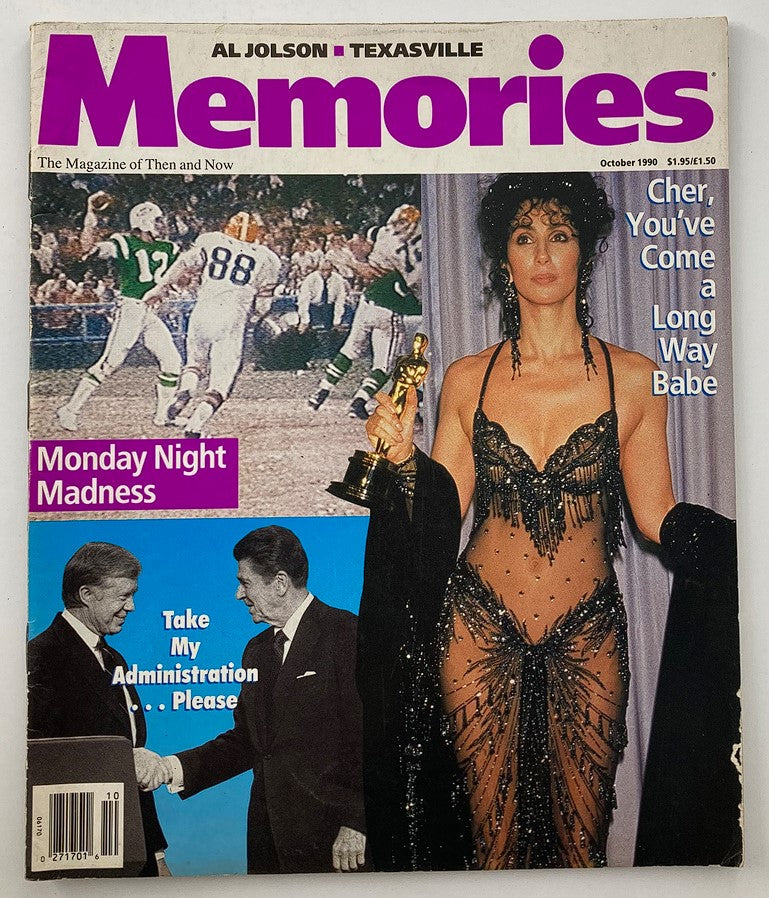 Front cover of VTG Memories Magazine from October 1990 featuring Cher in a stunning outfit, along with images of Ronald Reagan and Jimmy Carter, underlining the magazine's focus on iconic cultural figures.
