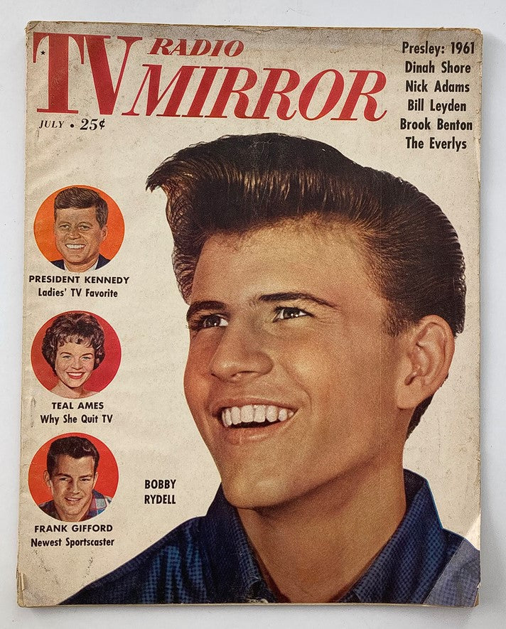 Cover of VTG TV Radio Mirror Magazine July 1961 featuring Bobby Rydell, Teal Ames, and images of President Kennedy and Frank Gifford. Vol 56, Issue #2, highlighting classic pop culture and iconic stars of the 1960s.