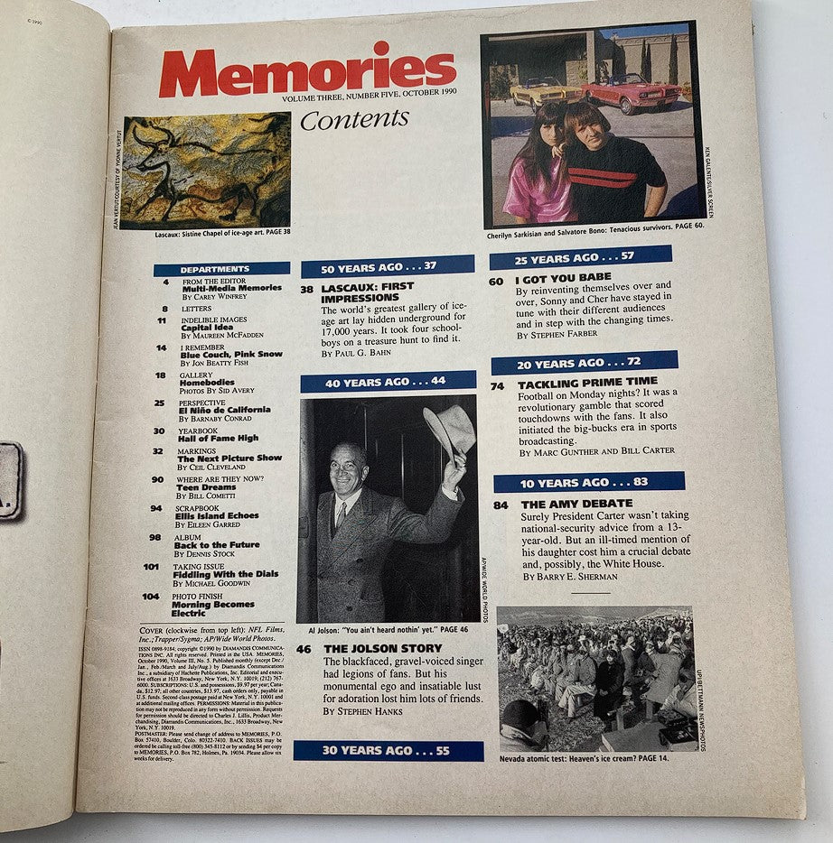 Contents page of VTG Memories Magazine, October 1990, detailing various features and articles, showcasing the nostalgic theme and historical context of the issue.