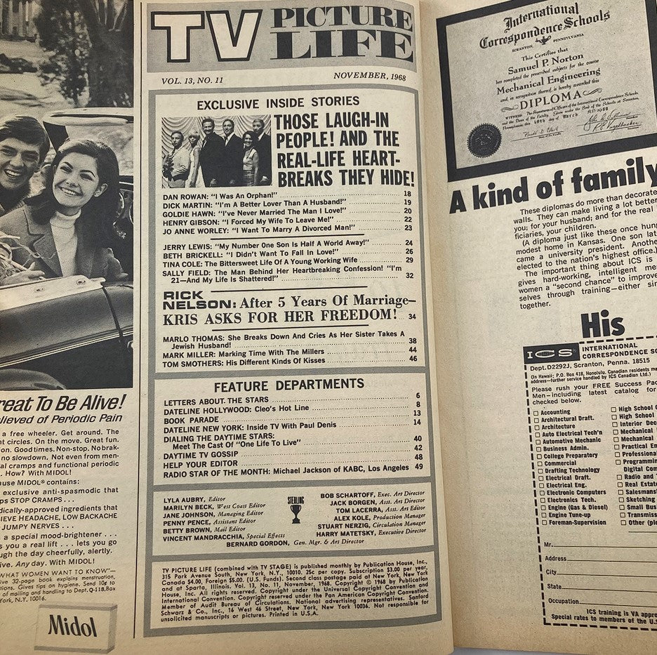 VTG TV Picture Life Magazine Cover from November 1968, Volume 13, Issue #11 featuring contents including Kris Nelson's story and exclusive inside articles related to famous television stars of the era.
