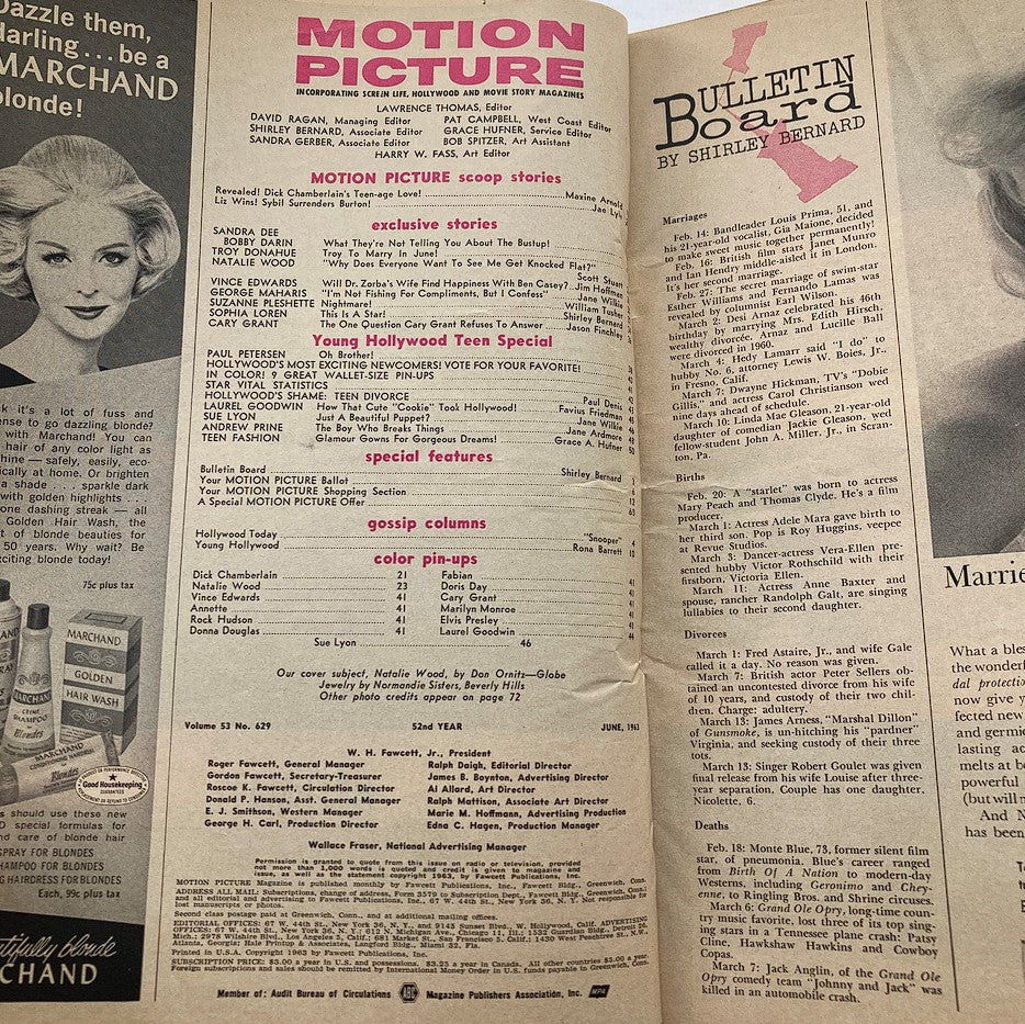 Interior page of VTG Motion Picture Magazine June 1963 Vol 53 #629 containing listed articles and features, including a Young Hollywood Teen Special section.