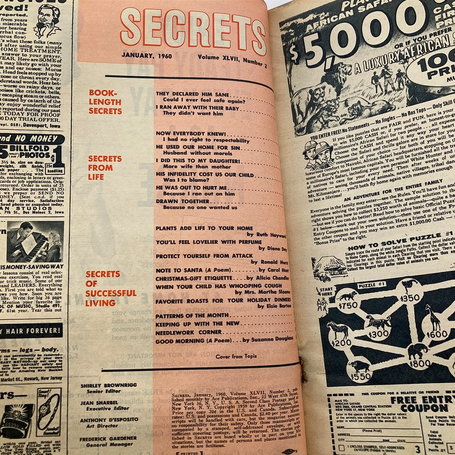 Another interior page of VTG Secrets Magazine January 1960 Vol 47 #2 featuring article titles and advertisements, reflecting the mid-20th-century magazine layout.