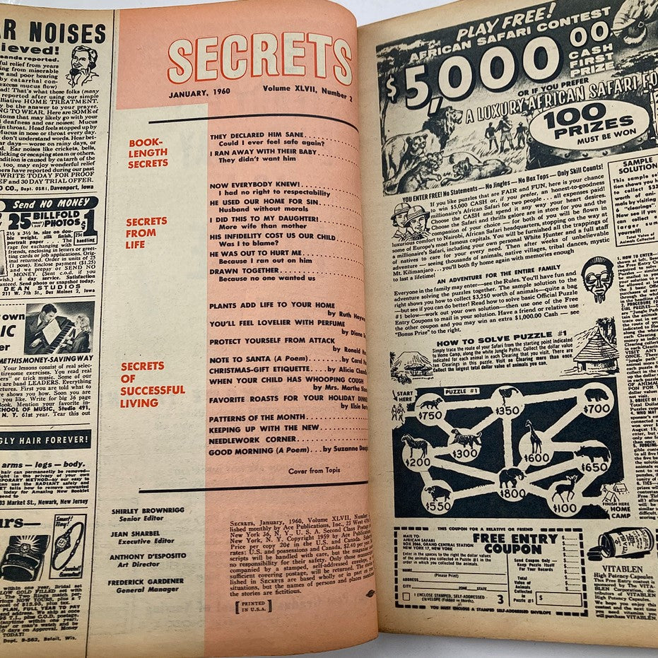 Inside page of Secrets Magazine January 1960, Volume 47 Number 2, displaying content listings and articles, reflecting the vintage style and typography of the era.