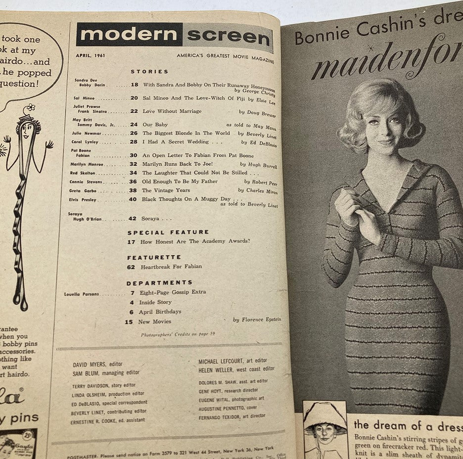 Interior page of VTG Modern Screen Magazine April 1961 featuring table of contents and advertisements, showcasing Sandra Dee on her honeymoon, encapsulating the glamour of the early 1960s.