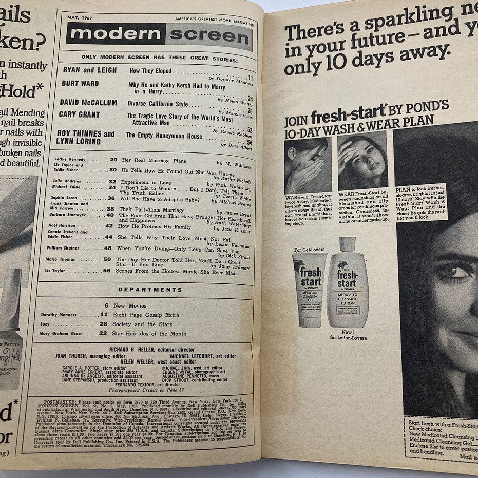Interior page of VTG Modern Screen Magazine May 1967 showcasing the table of contents with features on Hollywood stars.