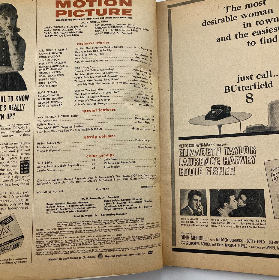 Inside page of the VTG Motion Picture Magazine November 1960 listing featured articles and advertisements, highlighting content related to Hollywood icons Debbie Reynolds and Elizabeth Taylor.